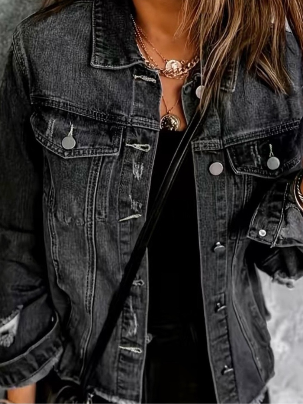 Women's Washed Black Distressed Raw Hem Denim Jacket